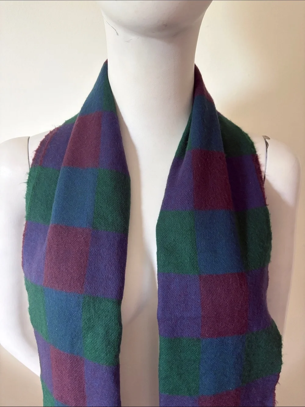 Christian Dior Plaid Fringe Scarf in Green, Blue & Purple Made in France
